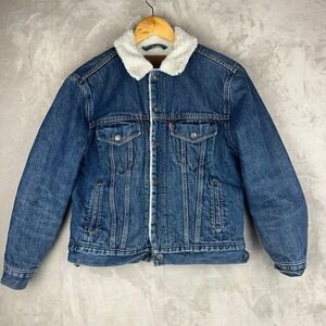Levis Premium Sherpa Lined Denim Trucker Jacket Medium Wash Blue Size S